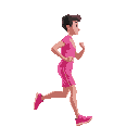 make a human dressed in hot pink running clothes and hot pink running shoes. the human should be running and viewed from profile. 