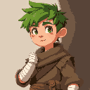  boy in peasant clothes with green hair and bandages on his hands