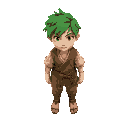  boy in peasant clothes with green hair and bandages on his hands
