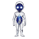 a humanoid being with a male body without a mouth and with completely white and bright eyes and with a universe inside its body with galaxies and stars visible inside it