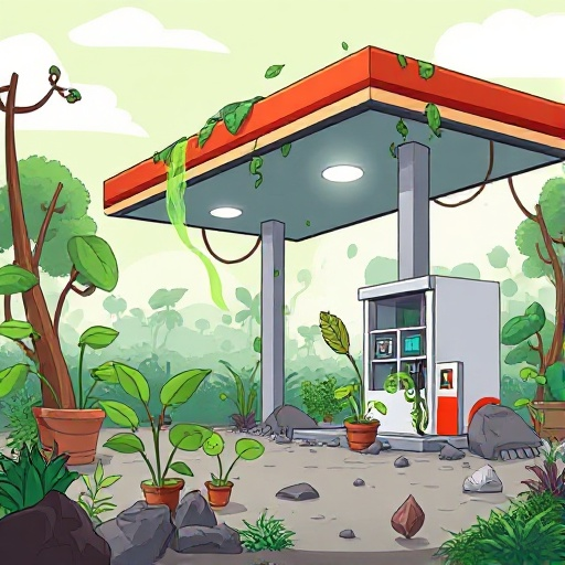 simple gas station, invaded by plants, partly destroyed, in sideview for my 2d sidescroller post-apo game. 