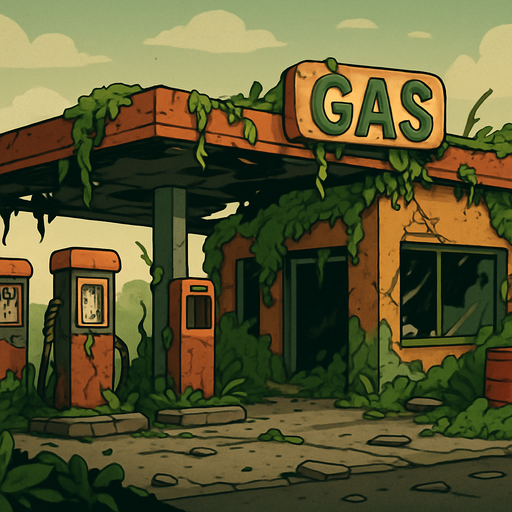 simple gas station, invaded by plants, partly destroyed, in sideview for my 2d sidescroller post-apo game. 