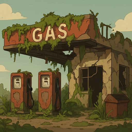 simple gas station, invaded by plants, partly destroyed, in sideview for my 2d sidescroller post-apo game. 