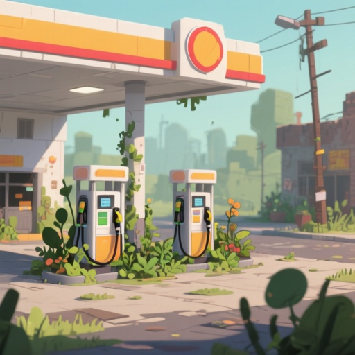 simple gas station, invaded by plants, in sideview for my 2d sidescroller post-apo game. no 3d angle, simple view from the side. 