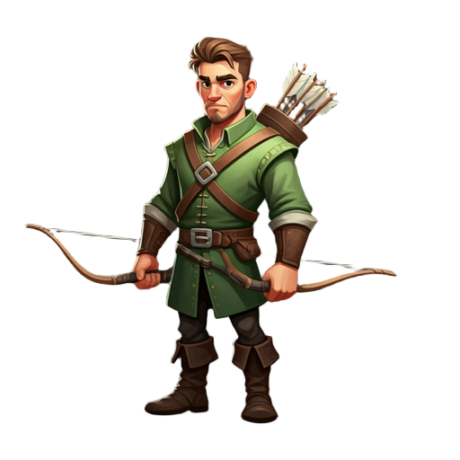 an adult archer wearing green clothes, with a bow and arrows on back