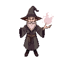 wizard in t-pose with a arcane ball floating on hand. aside, the parts of the body separated to rig after