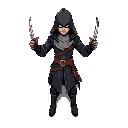 assassin in t-pose with a daggers on hands. aside, the parts of the body separated to rig after