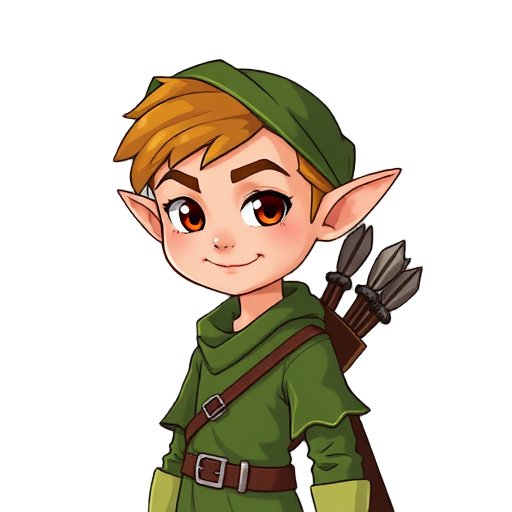 an elf archer wearing green clothes, with a bow and arrows on back