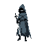 full body, slender, hooded 'pilgrim' in tattered grey-blue cloak, face obscured. holds a simple, glowing sword. stands in desolate, monochrome landscape with barren trees. small vibrant plants sprout at feet. style: 2d hand-drawn, hollow knight/gris. mela
