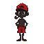 black boy. only one leg. he wears a red cap on his head. he has a pipe in his mouth. he only wears simple red shorts.