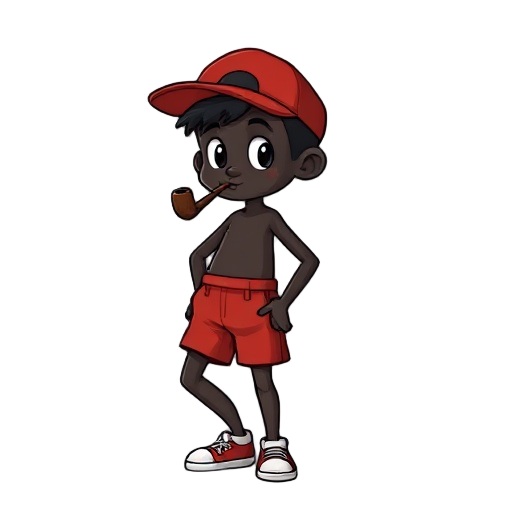 black boy. he has only one leg. he wears a red cap on his head. he has a pipe in his mouth. he only wears simple red shorts.