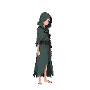full body shot, a slender, gender-ambiguous figure known as 'the pilgrim', standing in a desolate, monochrome fantasy landscape with barren trees and a cloudy sky. the pilgrim wears a long, tattered, flowing hooded cloak in muted shades of grey-blue and d