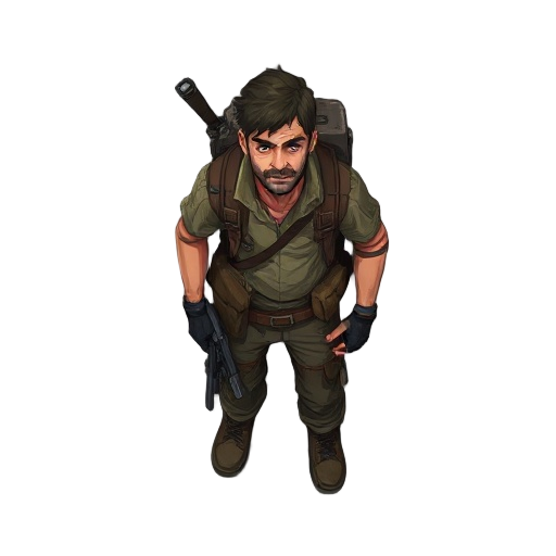 top-down view of a 2d post-apocalyptic survivor, rugged clothes, backpack, holding a weapon, seen from above, gritty atmosphere