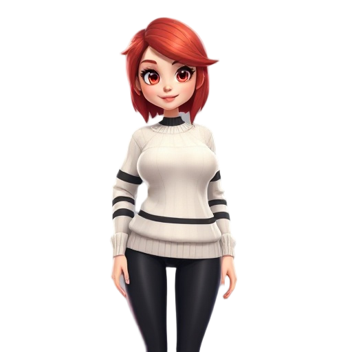 create a girl, with big bust, and is wearing a white sweater with black stripes, a wearing black leggings, while having red hair, and red eyes