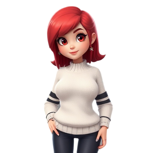 create a girl, with big bust, and is wearing a white sweater with black stripes,while having red hair, and red eyes