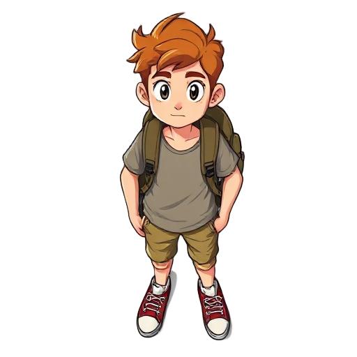 prompt: um jovem estudante aventureiro, com cabelo castanho curto e olhar curioso. ele usa uma mochila , veste uma camiseta simples com colete, calças confortáveis e tênis, e um cachicol vermelho.