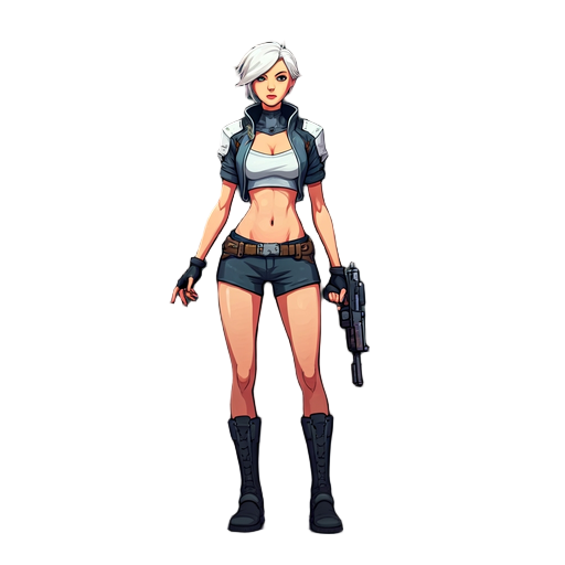 sci fi, anime girl, white short air, neckline, with gun