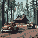post apocalyptic cabin in the woods with rusty cars on the side of the road