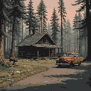 post apocalyptic cabin in the woods with rusty cars on the side of the road