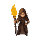 fire mage holding staff with fire coming out of it and looking serious