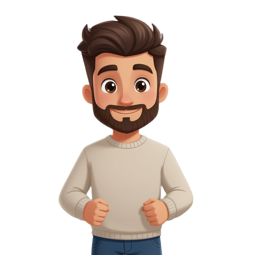 male, young adult, light skin, short dark brown hair styled upwards with volume, well-groomed beard and goatee. outfit: long-sleeved light beige sweater with ribbed cuffs, dark blue jeans. standing pose, fists lightly clenched, neutral but confident facia