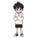a boy with black hair and wearing a white high-necked sweatshirt with wide sleeves and also wearing black shorts with his arms crossed
