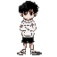 a boy with black hair and wearing a white high-necked sweatshirt with wide sleeves and also wearing black shorts with his arms crossed