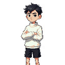 a boy with black hair and wearing a white high-necked sweatshirt with wide sleeves and also wearing black shorts with his arms crossed