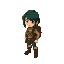 adventurer with a dark green bob with leather boots and a small backpack