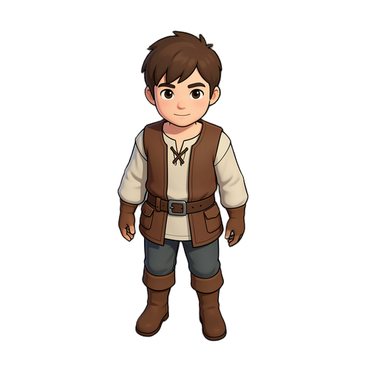 crie um personagem 3d masculino jovem para um jogo de rpg de fantasia medieval com câmera vista de cima, inspirado visualmente em jogos como mu online, porém com um estilo mais simples e estilizado. o personagem deve ser um garoto comum de uma pequena vi