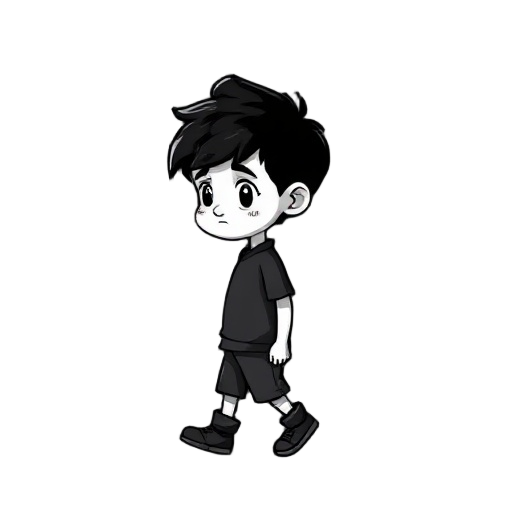 little boy, dark, black and white, sad, curly hair, walking right