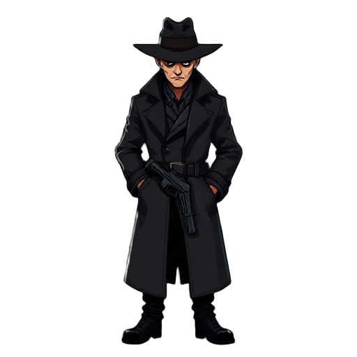 dark, noir, detetctive in a long coat with hat, has gun on his belt