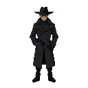 dark, noir, detetctive in a long coat with hat, has gun on his belt