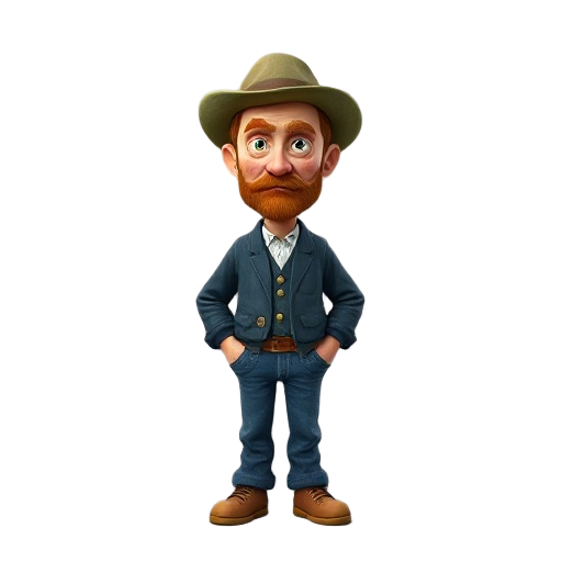 a stylized 3d model of vincent van gogh designed for use in a video game. the character has a painterly, hand-painted texture inspired by van gogh's own brushstrokes — expressive, swirling, and thick.