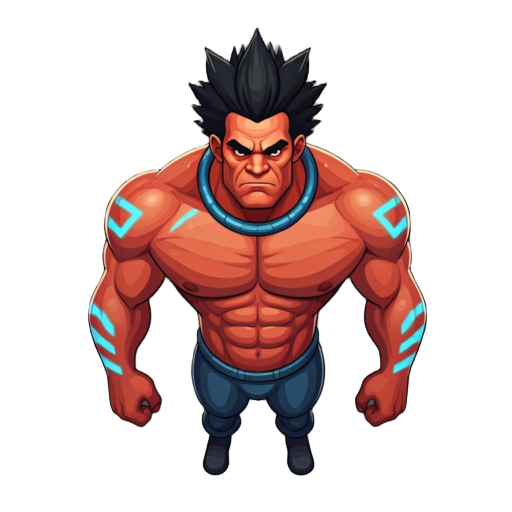 ser humanoide forte de pele vermelha com marcas tribais azuis espalhadas pelos braços, pernas e rosto. cabelos grandes, espetados pretos com mechas brancas e traje azul 