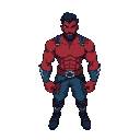 pixel arte homem forte de pele vermelha com marcas tribais azuis espalhadas pelos braços, pernas e rosto. cabelos grandes, espetados pretos com mechas brancas e traje azul 