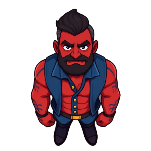pixel arte homem forte de pele vermelha com marcas tribais azuis espalhadas pelos braços, pernas e rosto. cabelos grandes, espetados pretos com mechas brancas e traje azul 