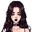 create a pixel portrait of a girl with a gothic-inspired aesthetic. black lipstick, smoky eyeshadow, and softly flushed cheeks. they have pale skin and long, dark brown hair styled with a center part and loose strands and oblong/diamond (not anime)face sh
