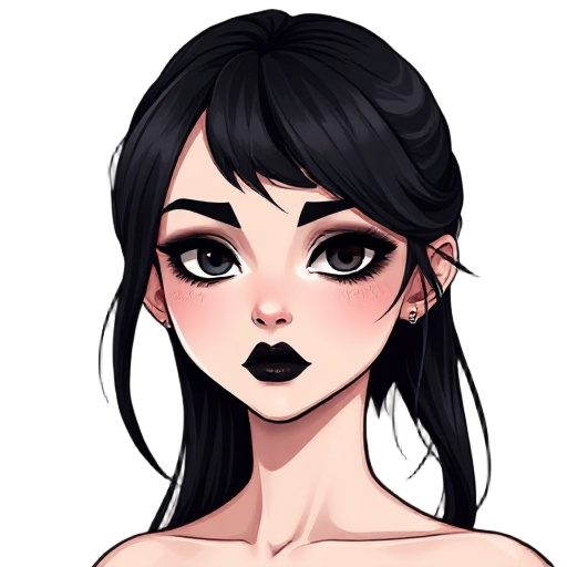 create a detailed portrait of a person with a gothic-inspired aesthetic. the subject wears dark, dramatic makeup — black lipstick, smoky eyeshadow, and softly flushed cheeks — evoking an ethereal yet intense mood. they have pale skin and long, dark hair s