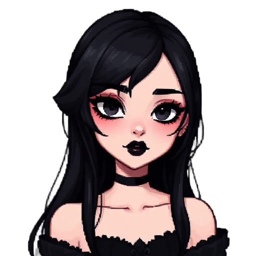 create a pixel portrait of a girl with a gothic-inspired aesthetic. the dark, dramatic makeup black lipstick, smoky eyeshadow, and softly flushed cheeks. they have pale skin and long, dark hair styled with a center part and loose strands and oblong/diamon