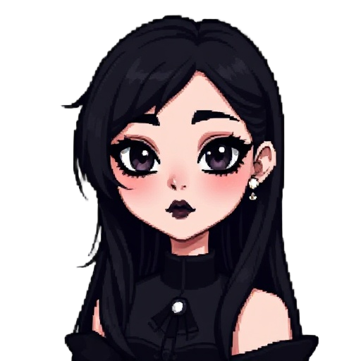 create a pixel portrait of a girl with a gothic-inspired aesthetic. the dark, dramatic makeup black lipstick, smoky eyeshadow, and softly flushed cheeks. they have pale skin and long, dark hair styled with a center part and loose strands and oblong face s