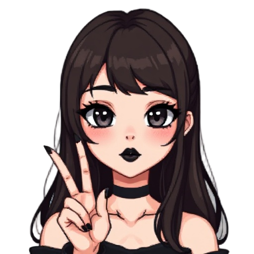 create a pixel portrait of a girl with a gothic-inspired aesthetic. black lipstick, smoky eyeshadow, and softly flushed cheeks. they have pale skin and long, dark brown hair styled with a center part and loose strands and oblong/diamond (not anime)face sh