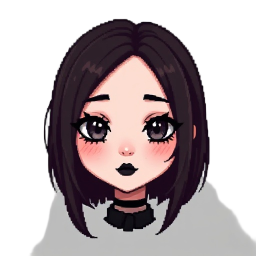 create a pixel portrait of a girl with a gothic-inspired aesthetic. the dark, dramatic makeup black lipstick, smoky eyeshadow, and softly flushed cheeks. they have pale skin and long, dark brown hair styled with a center part and loose strands and oblong/