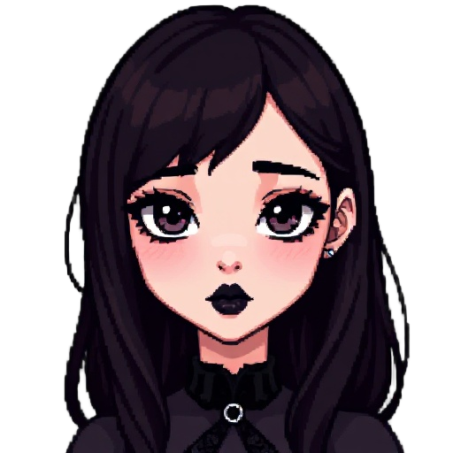 create a pixel portrait of a girl with a gothic-inspired aesthetic. the dark, dramatic makeup black lipstick, smoky eyeshadow, and softly flushed cheeks. they have pale skin and long, dark brown hair styled with a center part and loose strands and oblong/