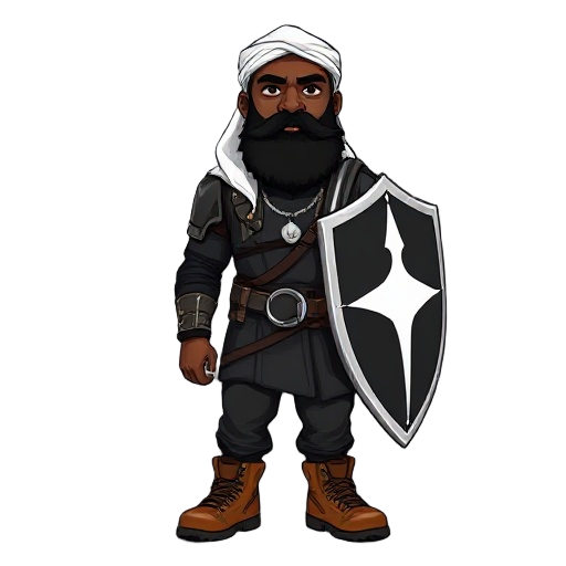 a full bearded black man wearing a white durag. he has a black and white shield with a black shirt under modern body armor,  a silver g necklace. wearing black pants and brown timberlands