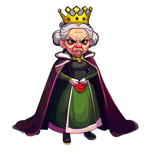 elderly vegetable oil dressed as a queen, with a crown and cape, slim, beautiful, anthropomorphized, with pigtails, using dark colors. face with an enemy-like expression.