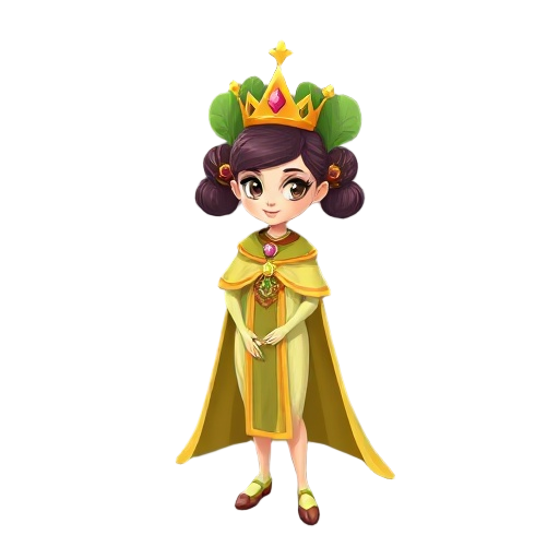 bok choy dressed as a queen, with a crown and cape, slim, beautiful, anthropomorphized, with pigtails, using bright and natural colors.