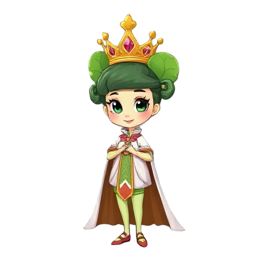 bok choy dressed as a queen, with a crown and cape, slim, beautiful, anthropomorphized, with pigtails, using bright and natural colors.
