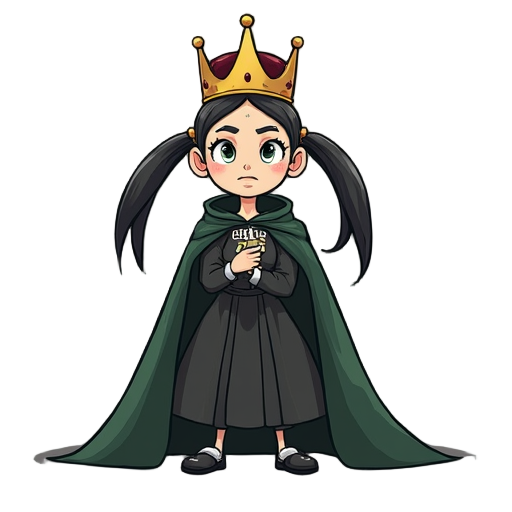 elderly vegetable oil dressed as a queen, with a crown and cape, slim, beautiful, anthropomorphized, with pigtails, using dark colors. face with an enemy-like expression.