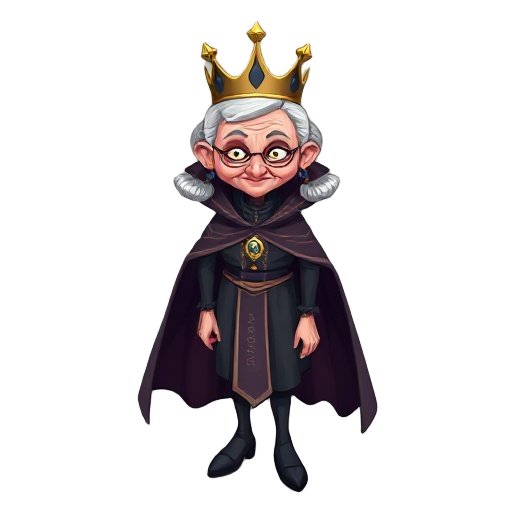 elderly oil dressed as a queen, with a crown and cape, slim, beautiful, anthropomorphized, with pigtails, using dark colors. face with an enemy-like expression